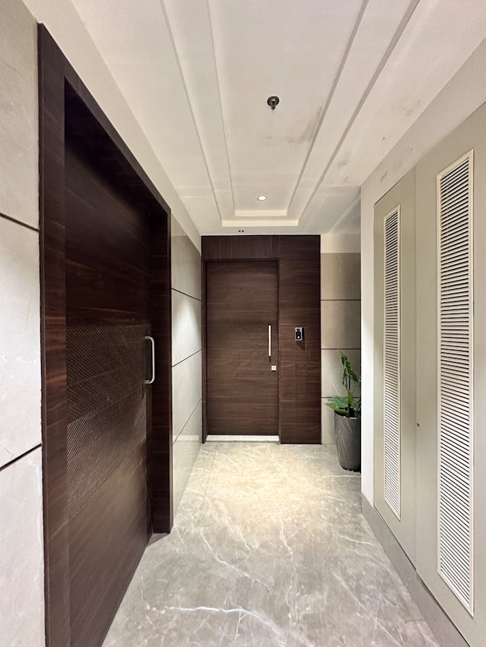 Stylish hallway featuring a wooden door and sleek interiors with natural lighting.